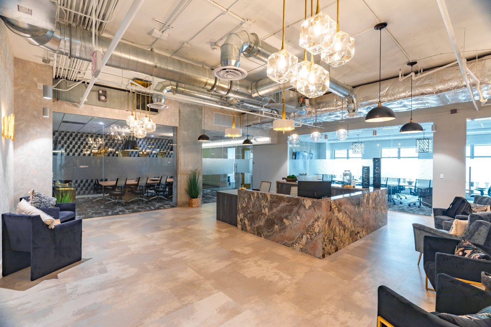 Reception and lounge at Quest Workspaces, 121 Alhambra Plaza, Coral Gables