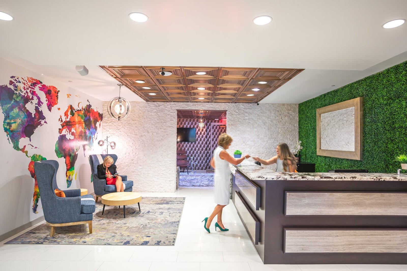 Reception desk at Quest Workspaces, 2525 Ponce de Leon Boulevard, Coral Gables